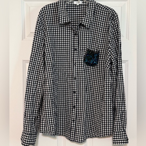 Womens Crown & Ivy Navy Gingham Long Sleeve Beaded Pocket Button Down Size Large - Picture 1 of 6